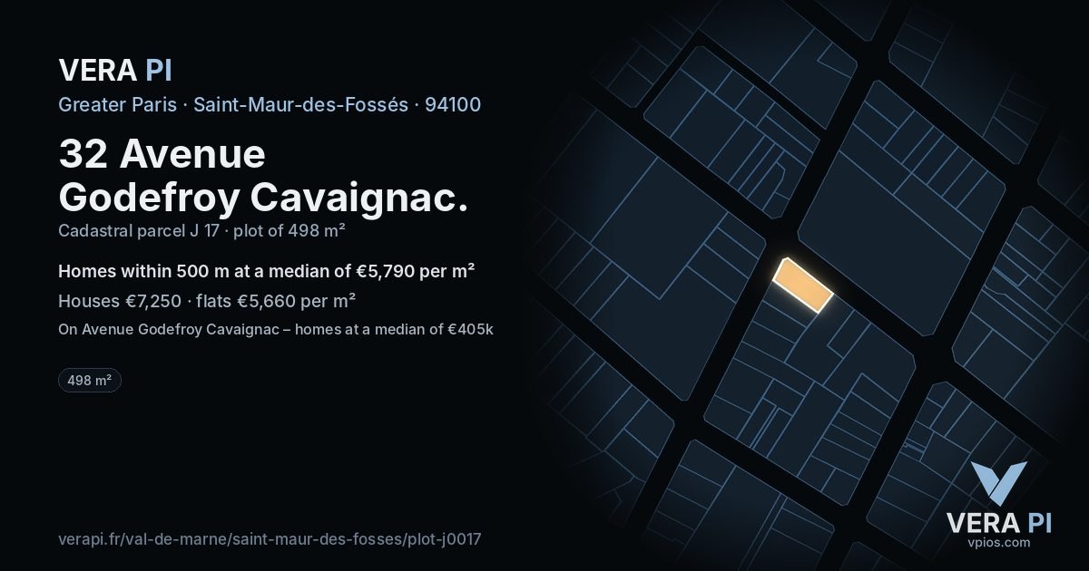 32 Avenue Godefroy Cavaignac, Saint-Maur-des-Fossés at night – the plot lit, the parcels around coloured by the prices near them