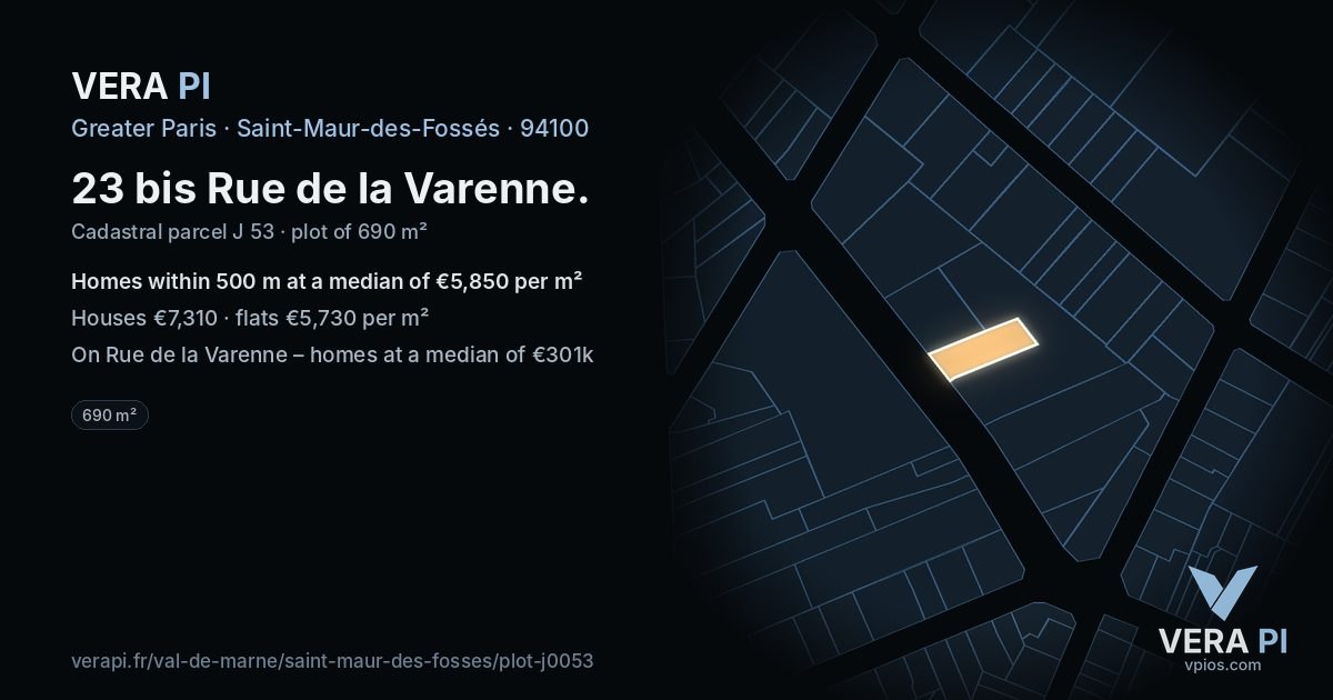 23 bis Rue de la Varenne, Saint-Maur-des-Fossés at night – the plot lit, the parcels around coloured by the prices near them