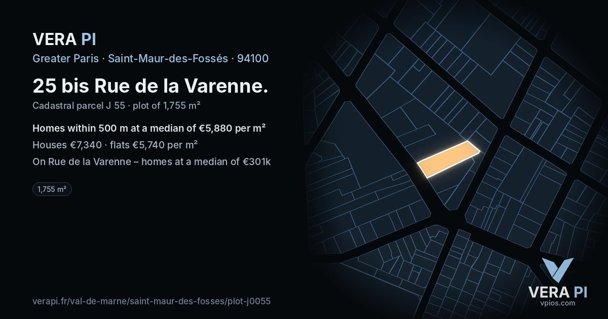 25 bis Rue de la Varenne, Saint-Maur-des-Fossés at night – the plot lit, the parcels around coloured by the prices near them