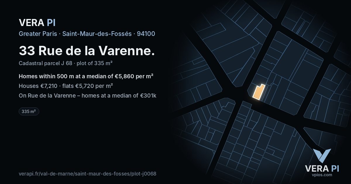 33 Rue de la Varenne, Saint-Maur-des-Fossés at night – the plot lit, the parcels around coloured by the prices near them