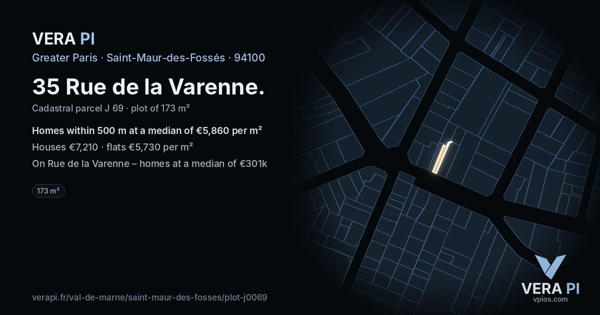 35 Rue de la Varenne, Saint-Maur-des-Fossés at night – the plot lit, the parcels around coloured by the prices near them