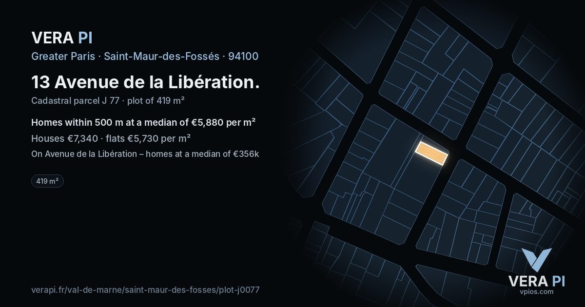 13 Avenue de la Libération, Saint-Maur-des-Fossés at night – the plot lit, the parcels around coloured by the prices near them
