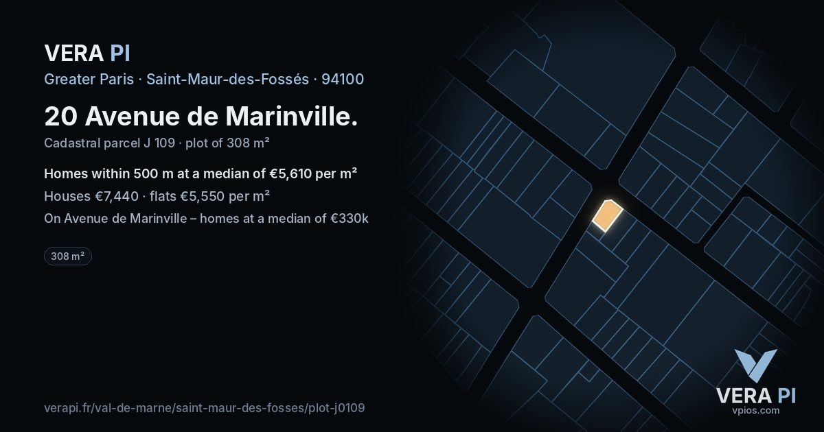 20 Avenue de Marinville, Saint-Maur-des-Fossés at night – the plot lit, the parcels around coloured by the prices near them