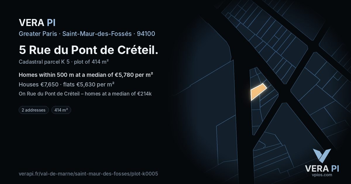 5 Rue du Pont de Créteil, Saint-Maur-des-Fossés at night – the plot lit, the parcels around coloured by the prices near them