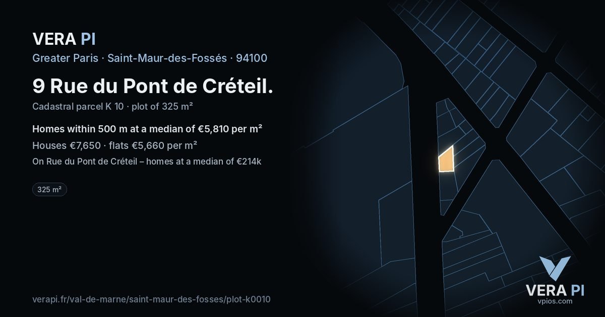 9 Rue du Pont de Créteil, Saint-Maur-des-Fossés at night – the plot lit, the parcels around coloured by the prices near them