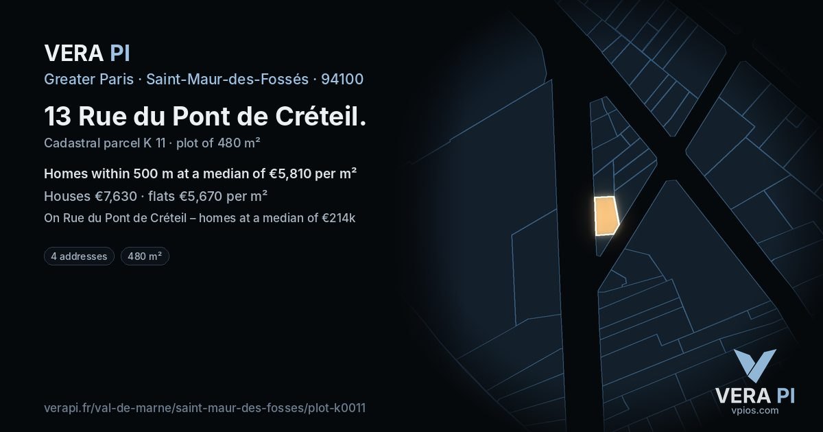 13 Rue du Pont de Créteil, Saint-Maur-des-Fossés at night – the plot lit, the parcels around coloured by the prices near them