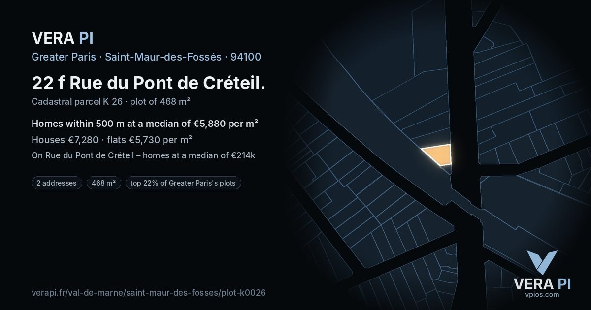 22 f Rue du Pont de Créteil, Saint-Maur-des-Fossés at night – the plot lit, the parcels around coloured by the prices near them