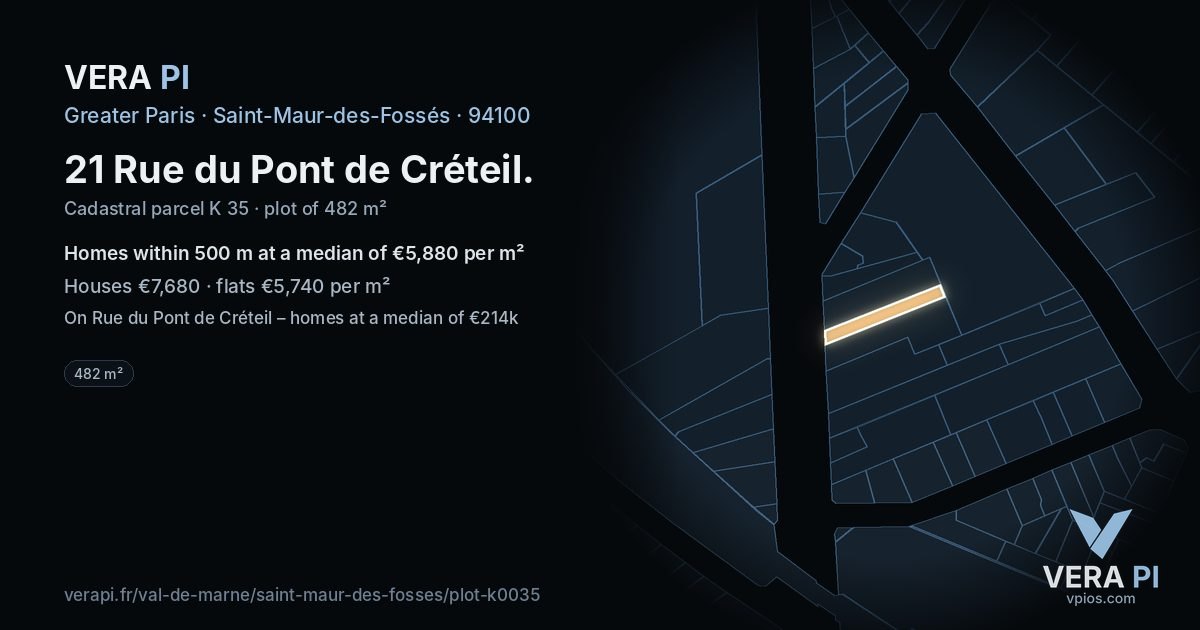 21 Rue du Pont de Créteil, Saint-Maur-des-Fossés at night – the plot lit, the parcels around coloured by the prices near them