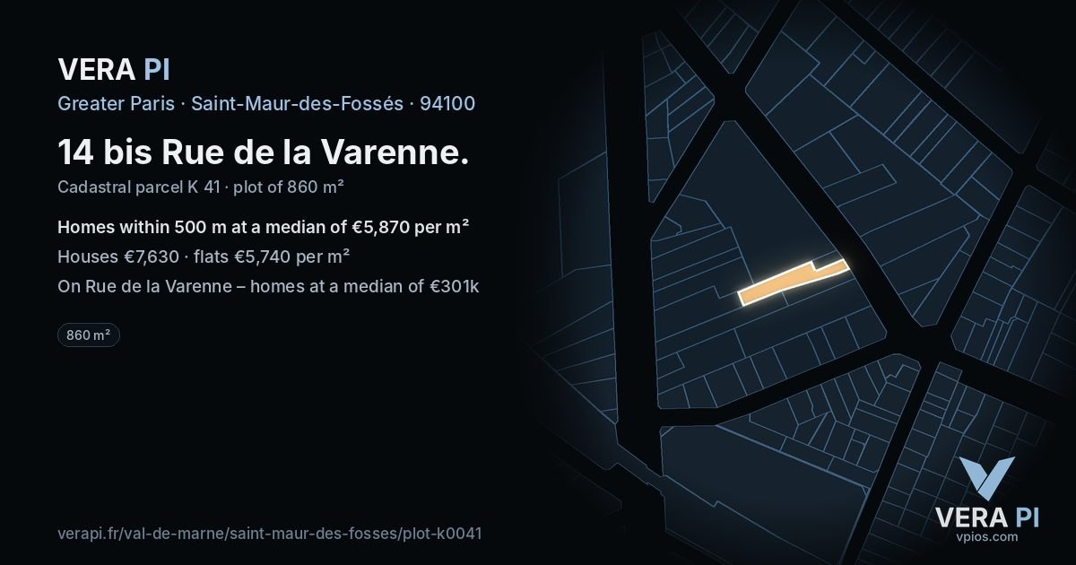 14 bis Rue de la Varenne, Saint-Maur-des-Fossés at night – the plot lit, the parcels around coloured by the prices near them