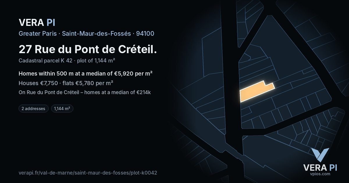 27 Rue du Pont de Créteil, Saint-Maur-des-Fossés at night – the plot lit, the parcels around coloured by the prices near them