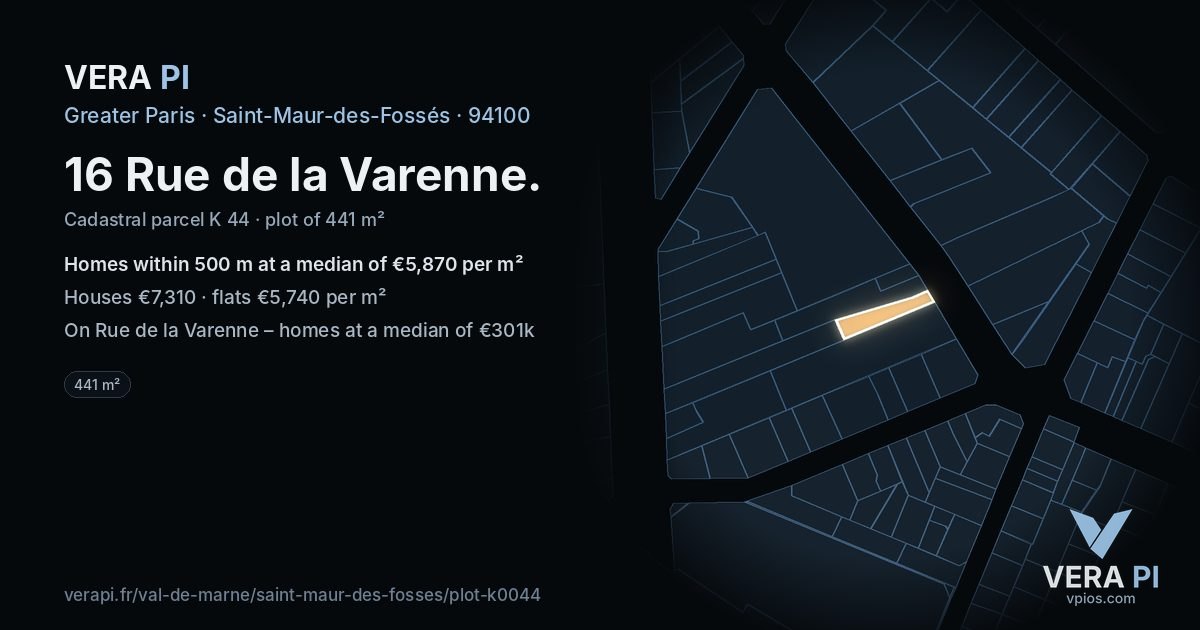 16 Rue de la Varenne, Saint-Maur-des-Fossés at night – the plot lit, the parcels around coloured by the prices near them