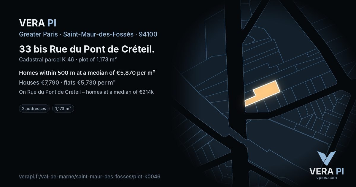 33 bis Rue du Pont de Créteil, Saint-Maur-des-Fossés at night – the plot lit, the parcels around coloured by the prices near them