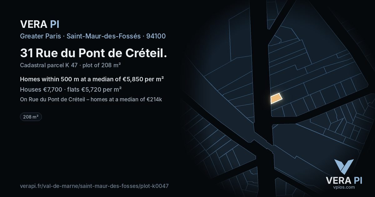 31 Rue du Pont de Créteil, Saint-Maur-des-Fossés at night – the plot lit, the parcels around coloured by the prices near them