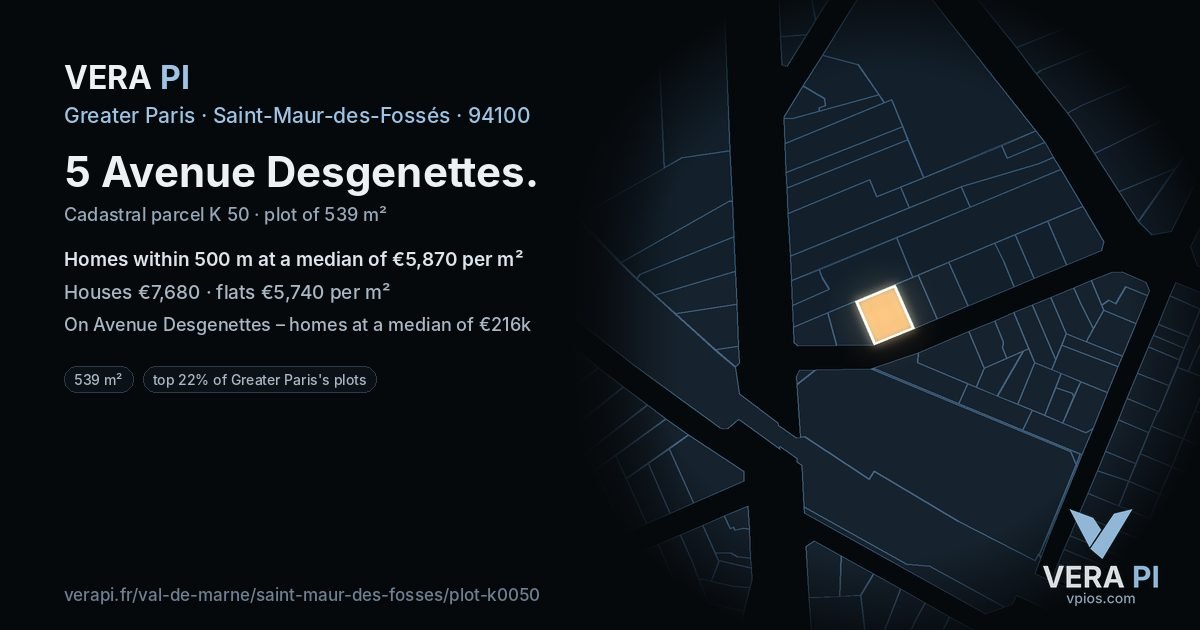 5 Avenue Desgenettes, Saint-Maur-des-Fossés at night – the plot lit, the parcels around coloured by the prices near them