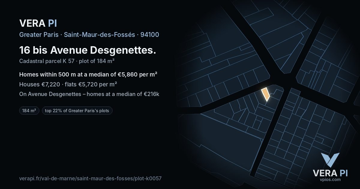 16 bis Avenue Desgenettes, Saint-Maur-des-Fossés at night – the plot lit, the parcels around coloured by the prices near them
