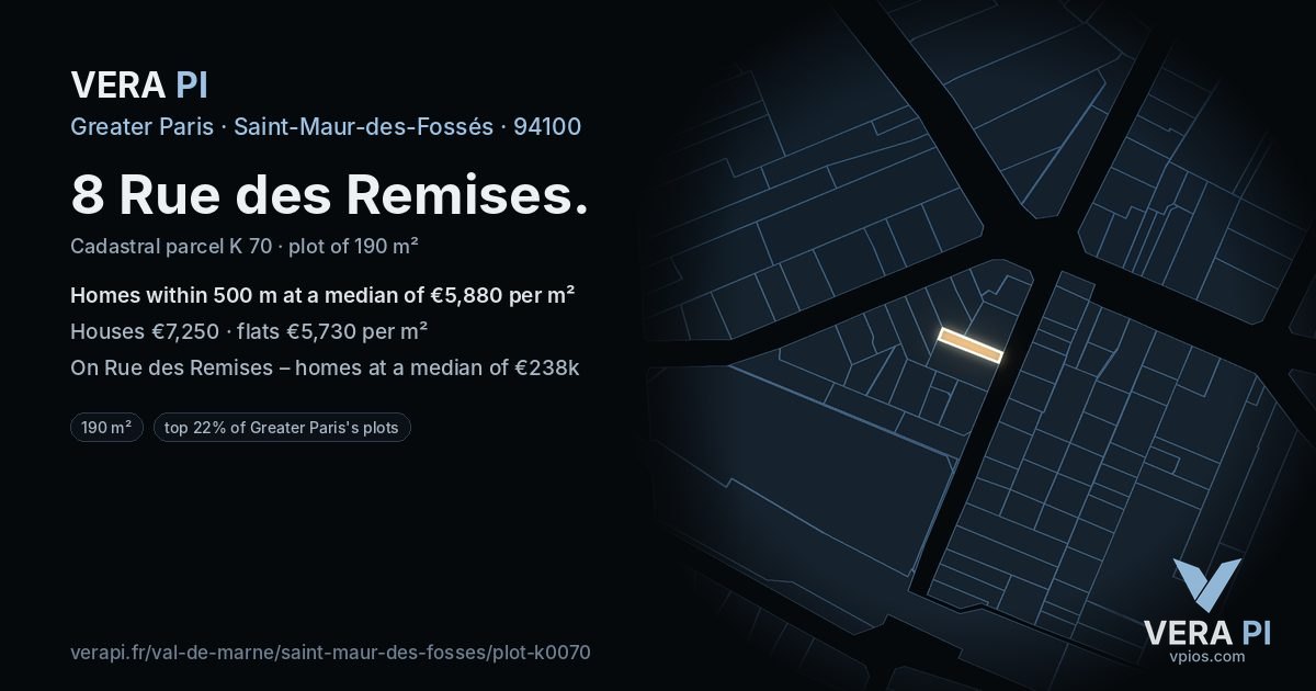 8 Rue des Remises, Saint-Maur-des-Fossés at night – the plot lit, the parcels around coloured by the prices near them