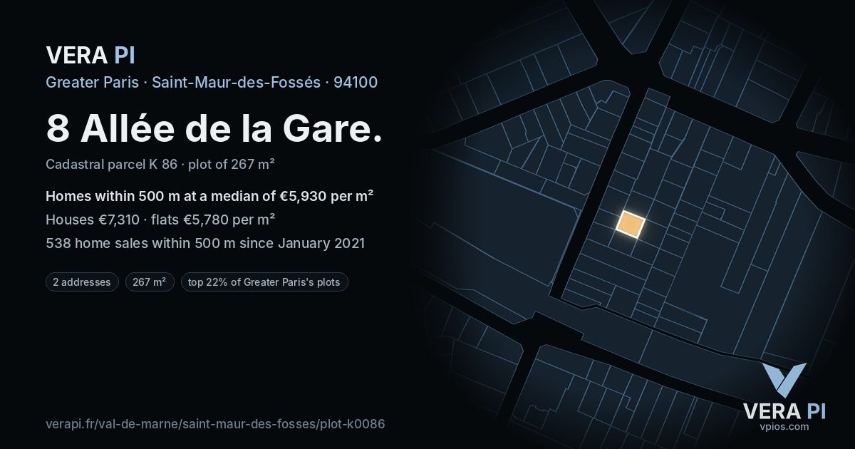 8 Allée de la Gare, Saint-Maur-des-Fossés at night – the plot lit, the parcels around coloured by the prices near them