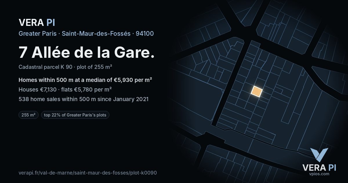 7 Allée de la Gare, Saint-Maur-des-Fossés at night – the plot lit, the parcels around coloured by the prices near them