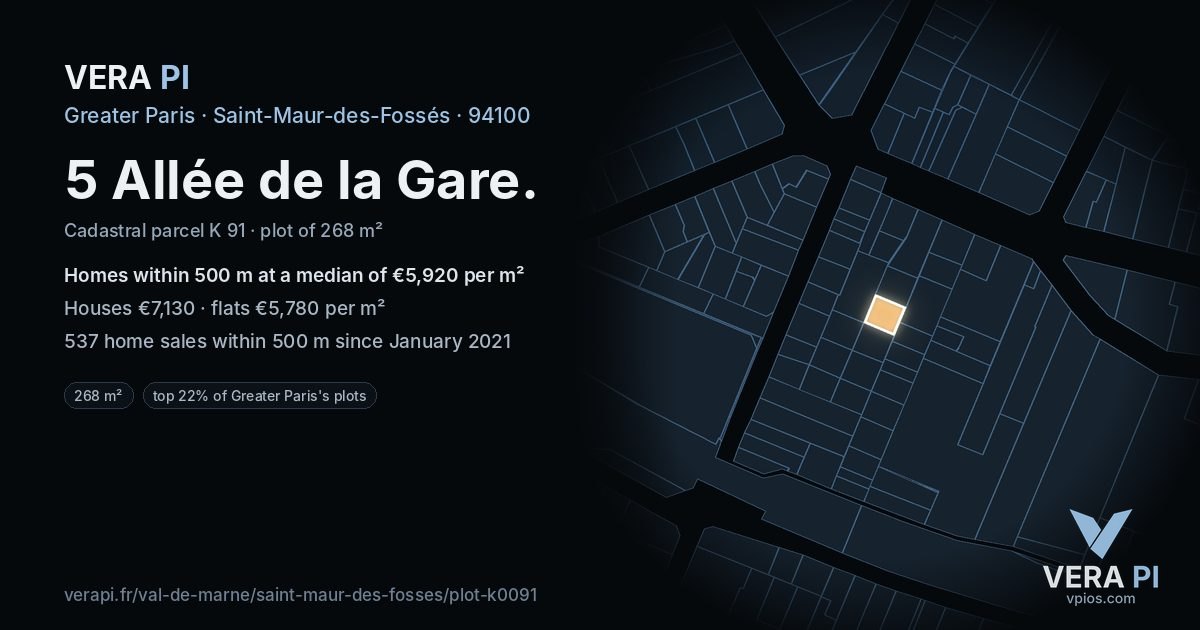 5 Allée de la Gare, Saint-Maur-des-Fossés at night – the plot lit, the parcels around coloured by the prices near them