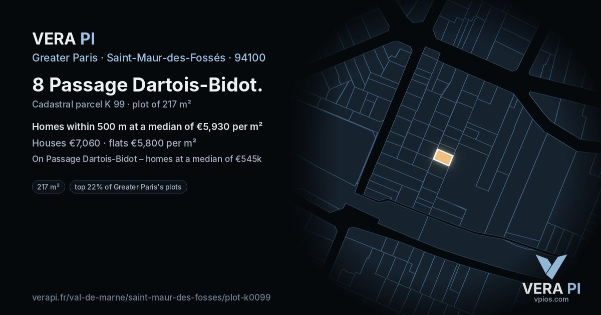 8 Passage Dartois-Bidot, Saint-Maur-des-Fossés at night – the plot lit, the parcels around coloured by the prices near them