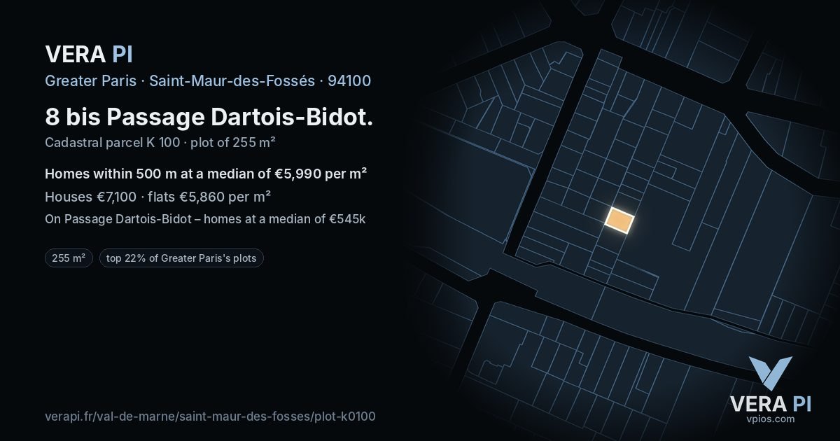 8 bis Passage Dartois-Bidot, Saint-Maur-des-Fossés at night – the plot lit, the parcels around coloured by the prices near them
