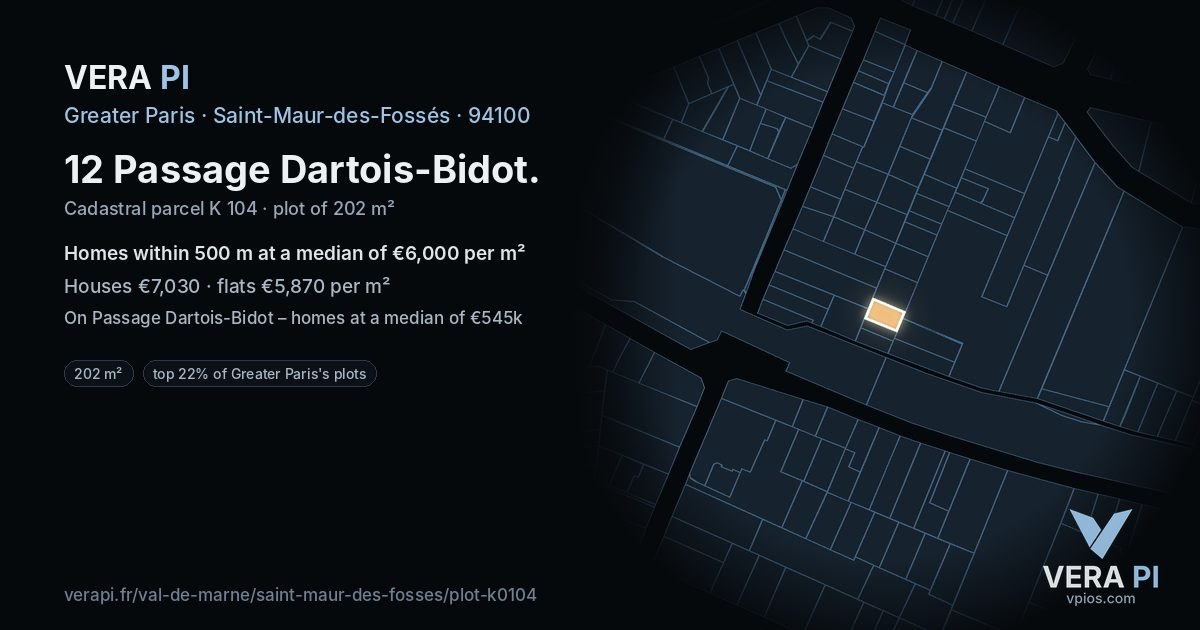 12 Passage Dartois-Bidot, Saint-Maur-des-Fossés at night – the plot lit, the parcels around coloured by the prices near them