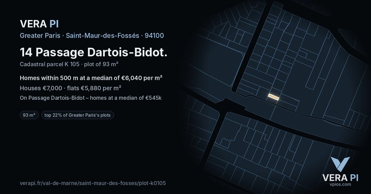 14 Passage Dartois-Bidot, Saint-Maur-des-Fossés at night – the plot lit, the parcels around coloured by the prices near them
