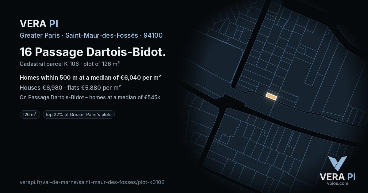 16 Passage Dartois-Bidot, Saint-Maur-des-Fossés at night – the plot lit, the parcels around coloured by the prices near them