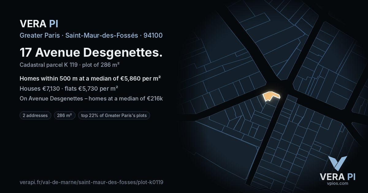 17 Avenue Desgenettes, Saint-Maur-des-Fossés at night – the plot lit, the parcels around coloured by the prices near them