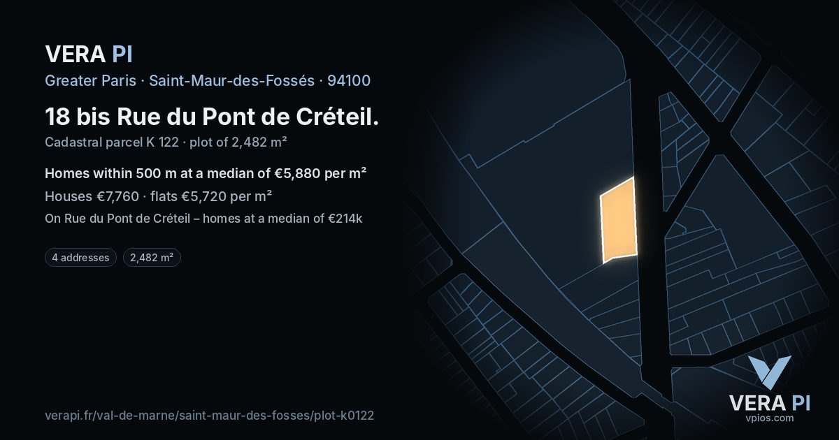 18 bis Rue du Pont de Créteil, Saint-Maur-des-Fossés at night – the plot lit, the parcels around coloured by the prices near them