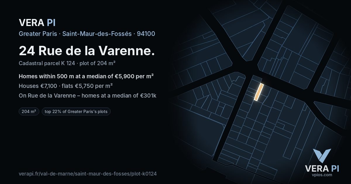 24 Rue de la Varenne, Saint-Maur-des-Fossés at night – the plot lit, the parcels around coloured by the prices near them