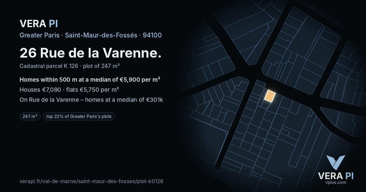 26 Rue de la Varenne, Saint-Maur-des-Fossés at night – the plot lit, the parcels around coloured by the prices near them