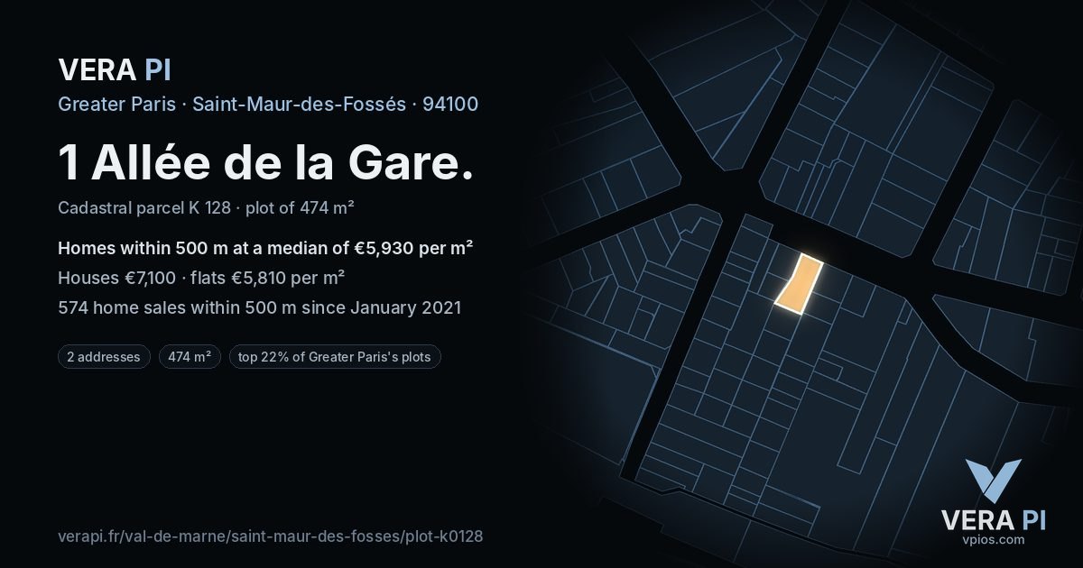 1 Allée de la Gare, Saint-Maur-des-Fossés at night – the plot lit, the parcels around coloured by the prices near them