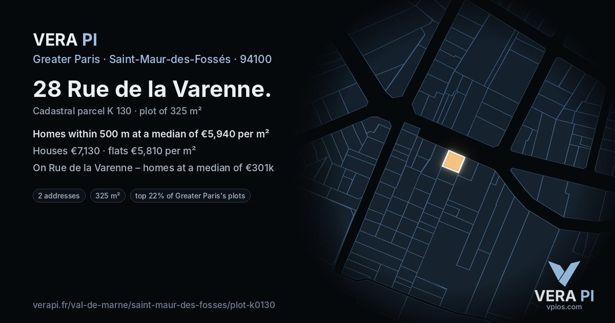 28 Rue de la Varenne, Saint-Maur-des-Fossés at night – the plot lit, the parcels around coloured by the prices near them