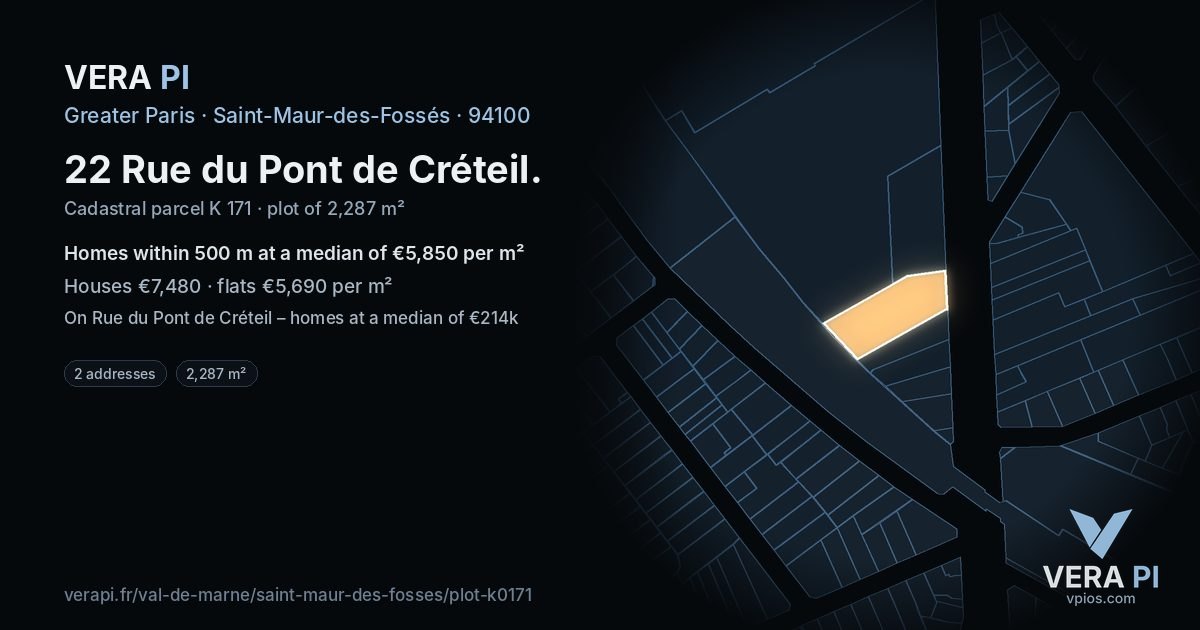 22 Rue du Pont de Créteil, Saint-Maur-des-Fossés at night – the plot lit, the parcels around coloured by the prices near them