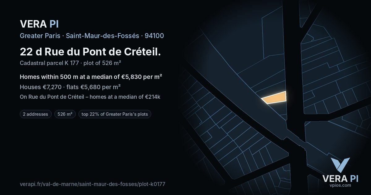 22 d Rue du Pont de Créteil, Saint-Maur-des-Fossés at night – the plot lit, the parcels around coloured by the prices near them
