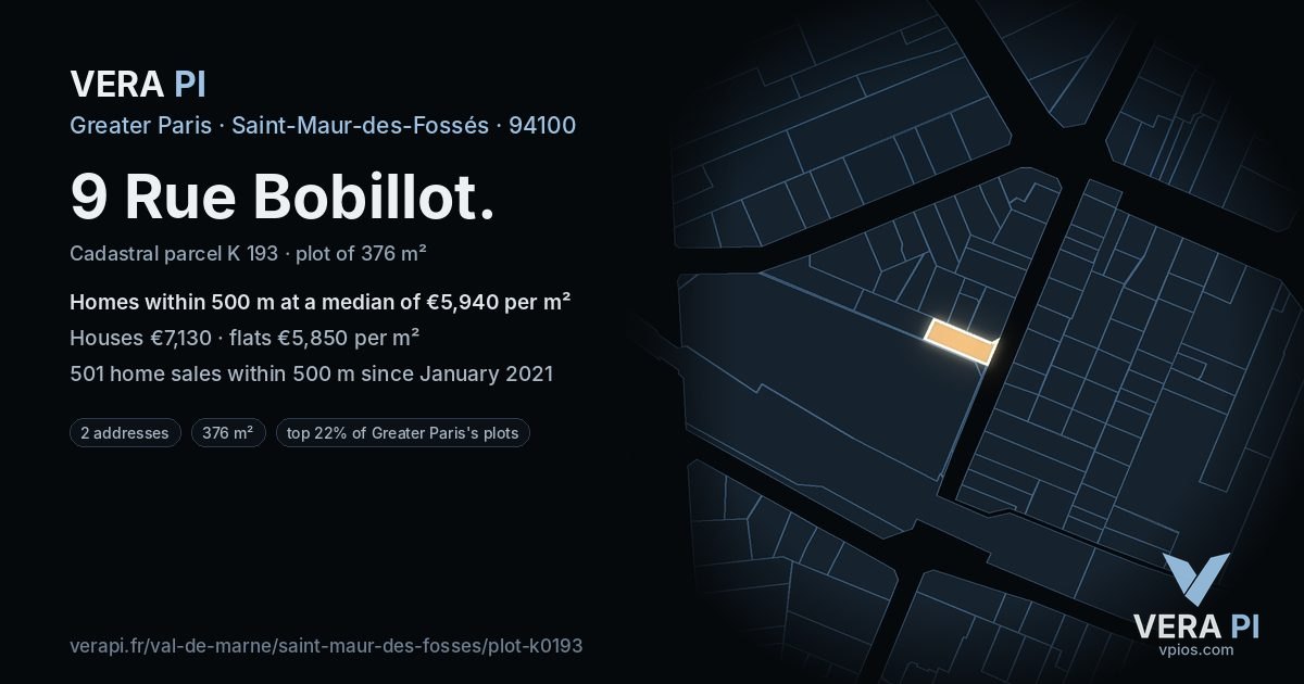 9 Rue Bobillot, Saint-Maur-des-Fossés at night – the plot lit, the parcels around coloured by the prices near them