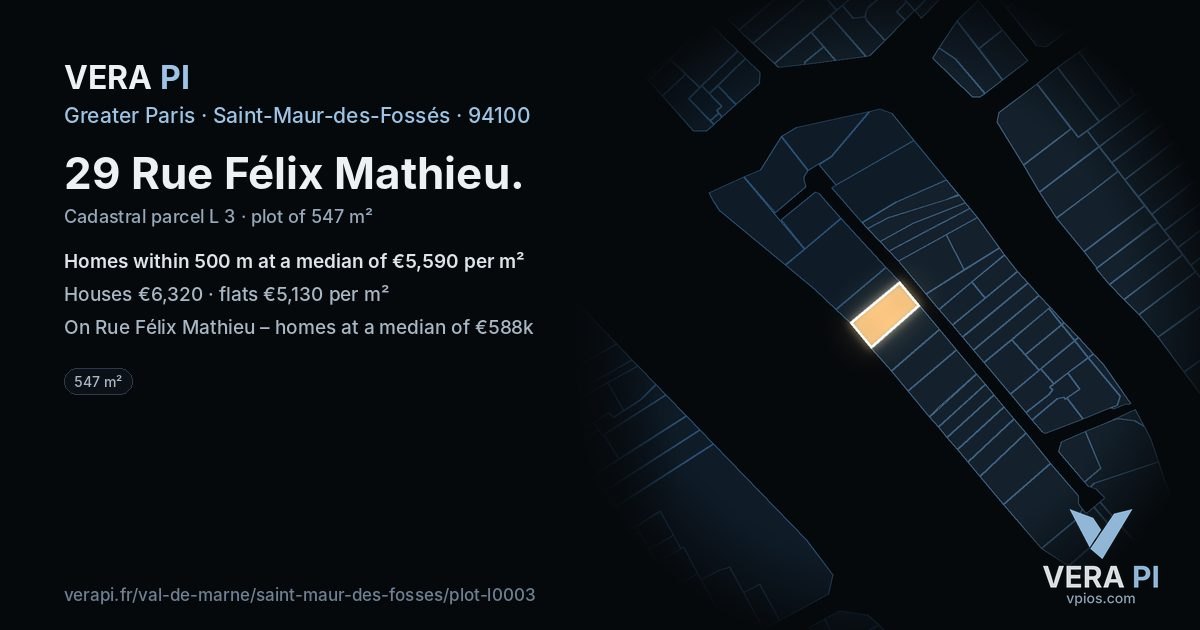 29 Rue Félix Mathieu, Saint-Maur-des-Fossés at night – the plot lit, the parcels around coloured by the prices near them