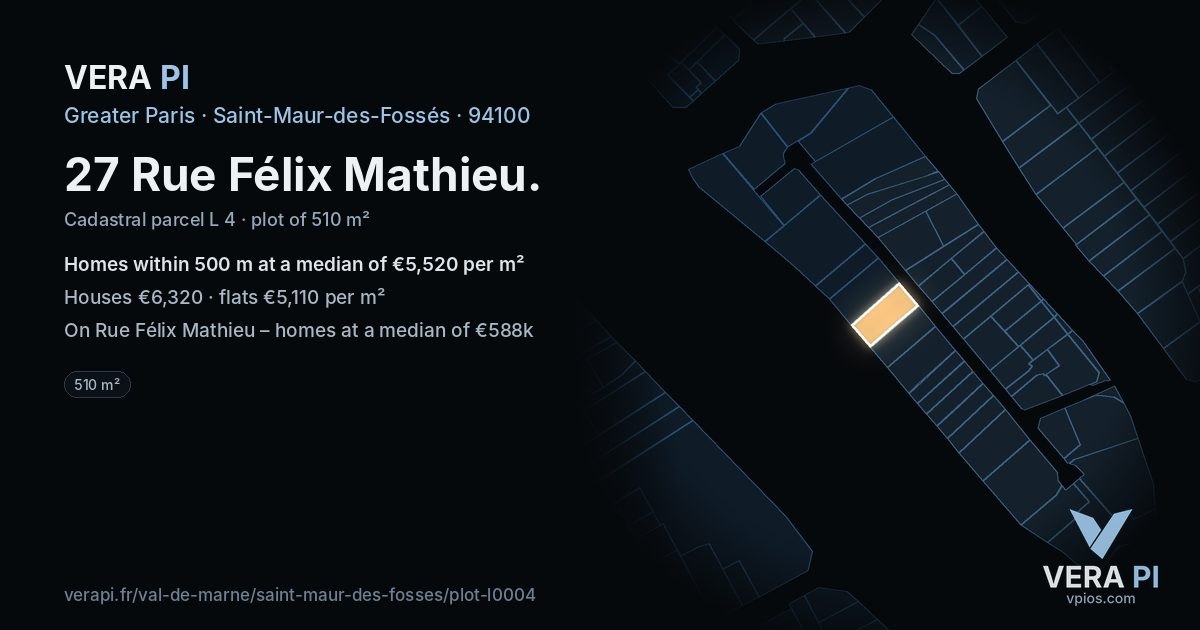 27 Rue Félix Mathieu, Saint-Maur-des-Fossés at night – the plot lit, the parcels around coloured by the prices near them