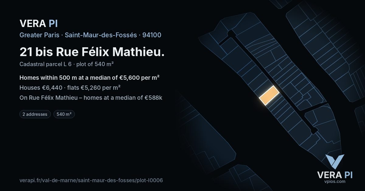 21 bis Rue Félix Mathieu, Saint-Maur-des-Fossés at night – the plot lit, the parcels around coloured by the prices near them