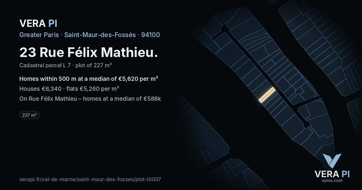 23 Rue Félix Mathieu, Saint-Maur-des-Fossés at night – the plot lit, the parcels around coloured by the prices near them