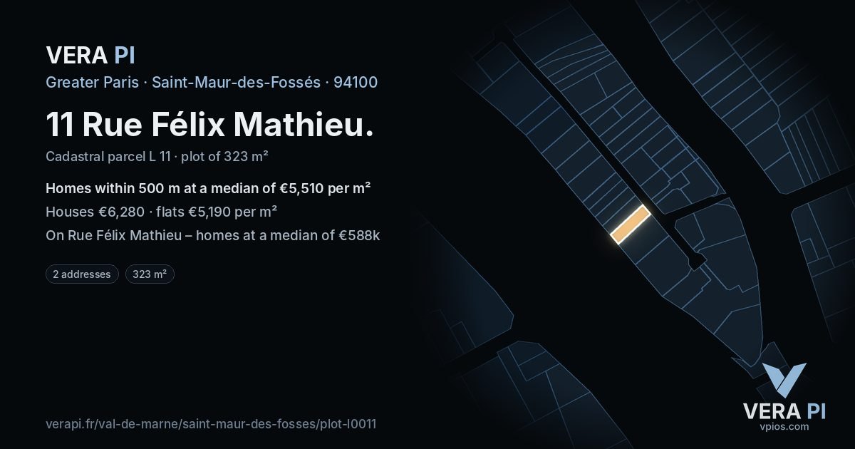 11 Rue Félix Mathieu, Saint-Maur-des-Fossés at night – the plot lit, the parcels around coloured by the prices near them