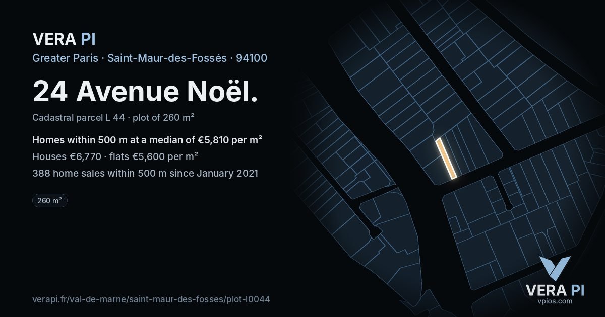 24 Avenue Noël, Saint-Maur-des-Fossés at night – the plot lit, the parcels around coloured by the prices near them