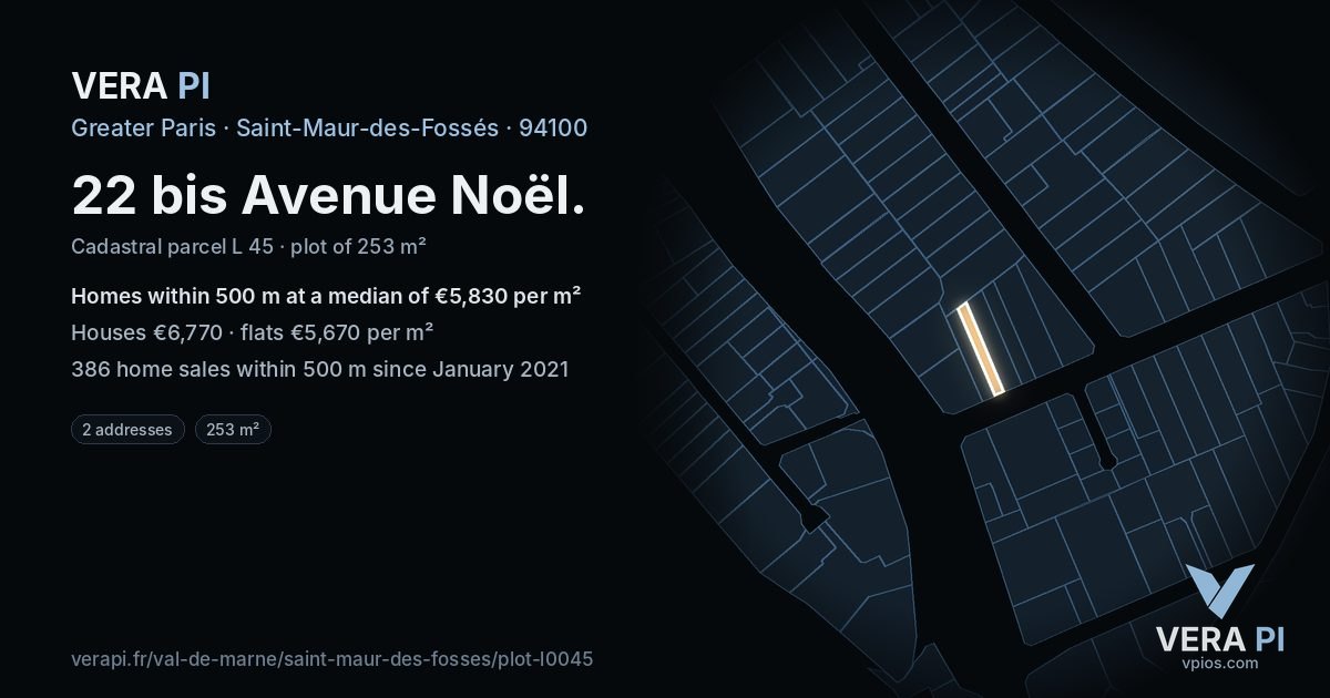 22 bis Avenue Noël, Saint-Maur-des-Fossés at night – the plot lit, the parcels around coloured by the prices near them