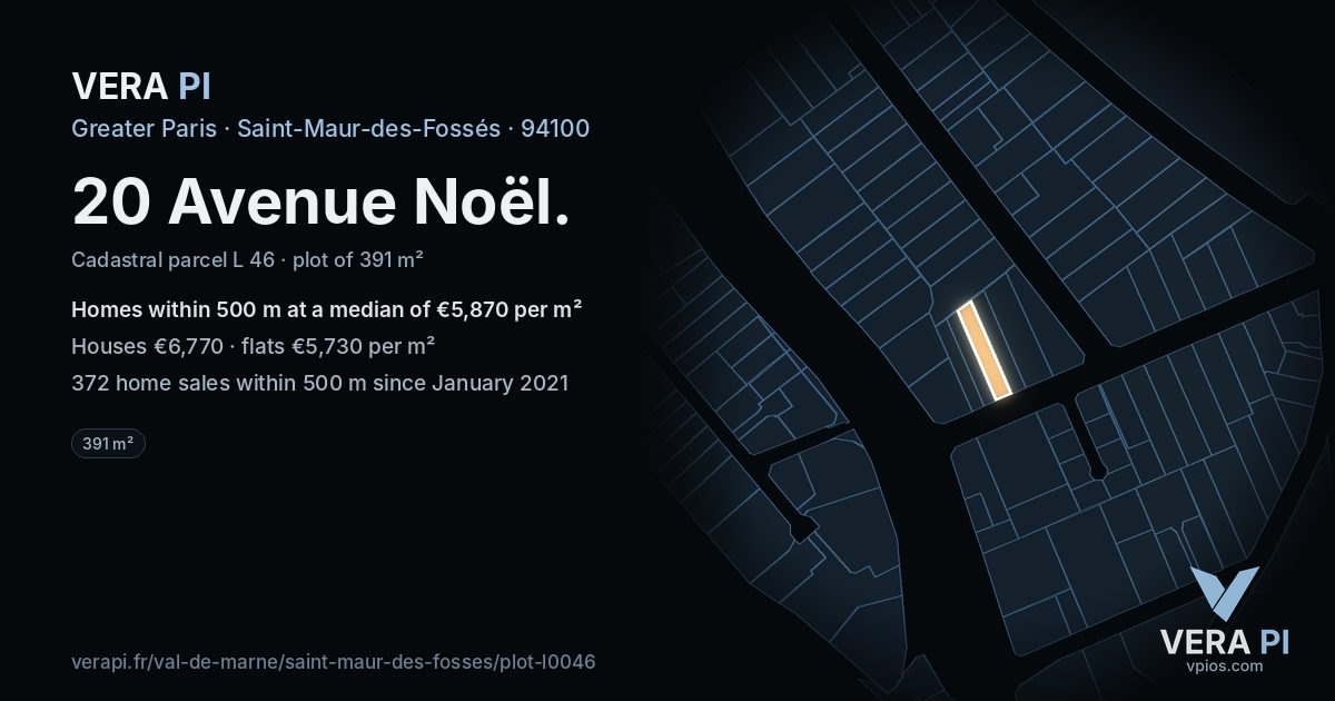 20 Avenue Noël, Saint-Maur-des-Fossés at night – the plot lit, the parcels around coloured by the prices near them