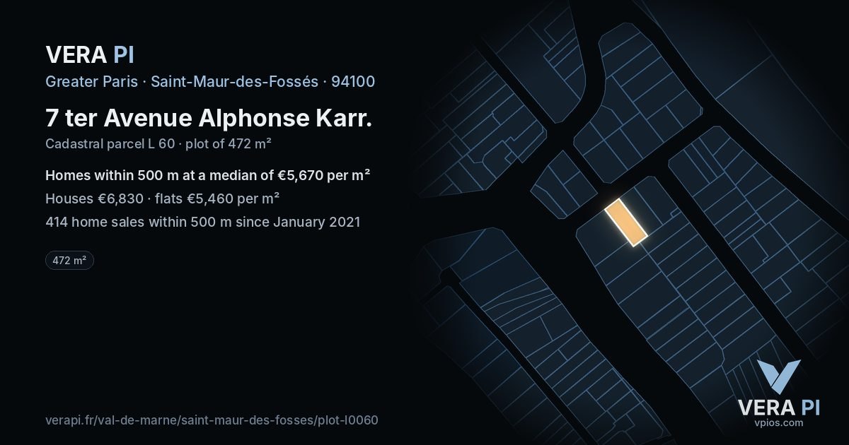 7 ter Avenue Alphonse Karr, Saint-Maur-des-Fossés at night – the plot lit, the parcels around coloured by the prices near them