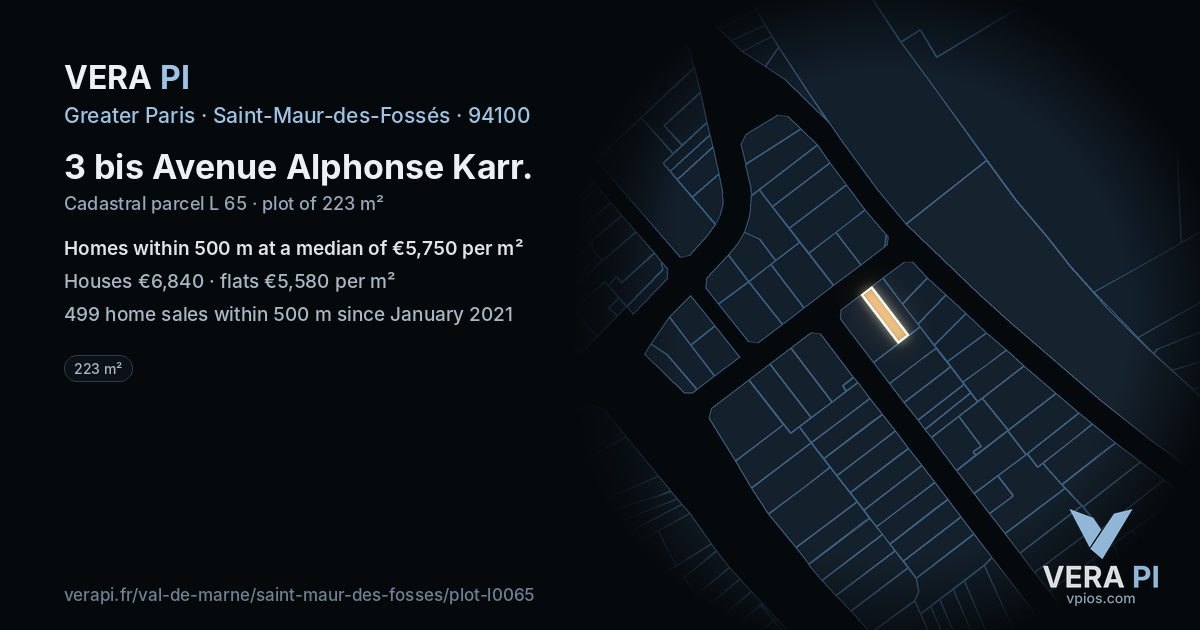 3 bis Avenue Alphonse Karr, Saint-Maur-des-Fossés at night – the plot lit, the parcels around coloured by the prices near them