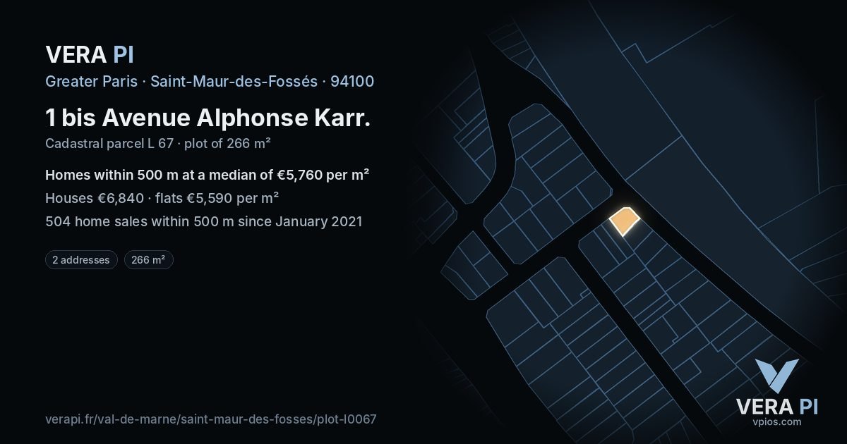 1 bis Avenue Alphonse Karr, Saint-Maur-des-Fossés at night – the plot lit, the parcels around coloured by the prices near them