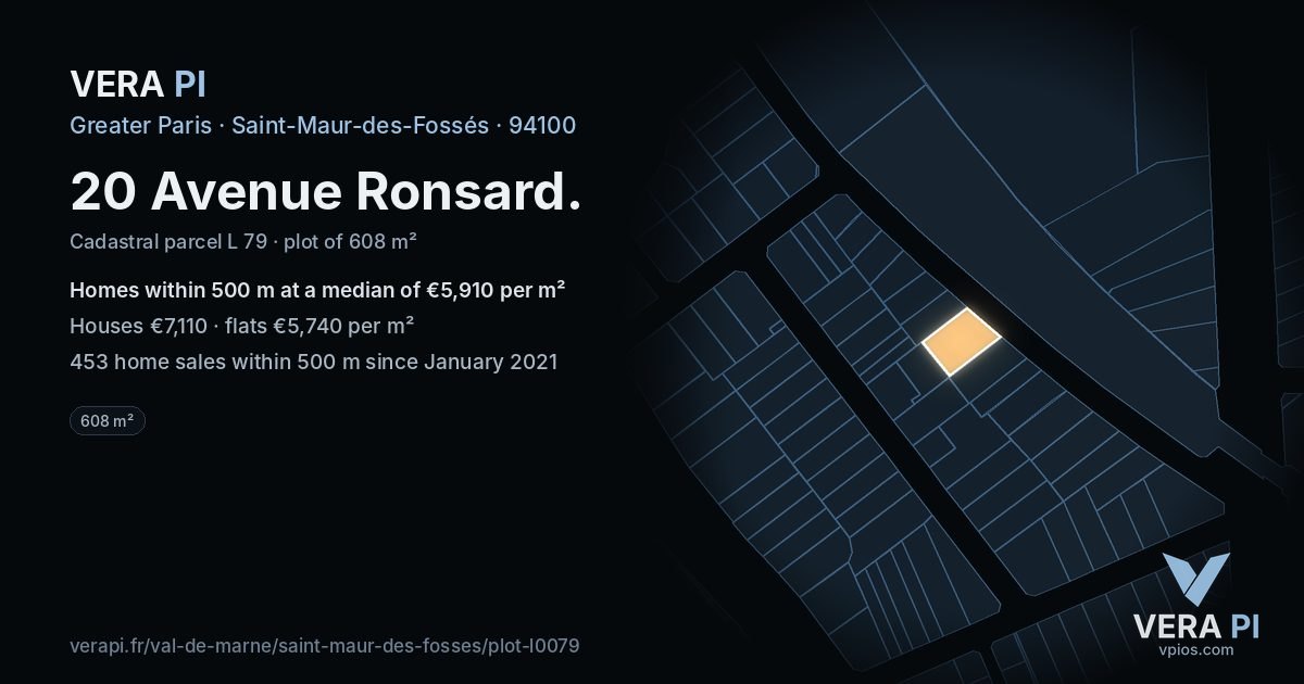 20 Avenue Ronsard, Saint-Maur-des-Fossés at night – the plot lit, the parcels around coloured by the prices near them
