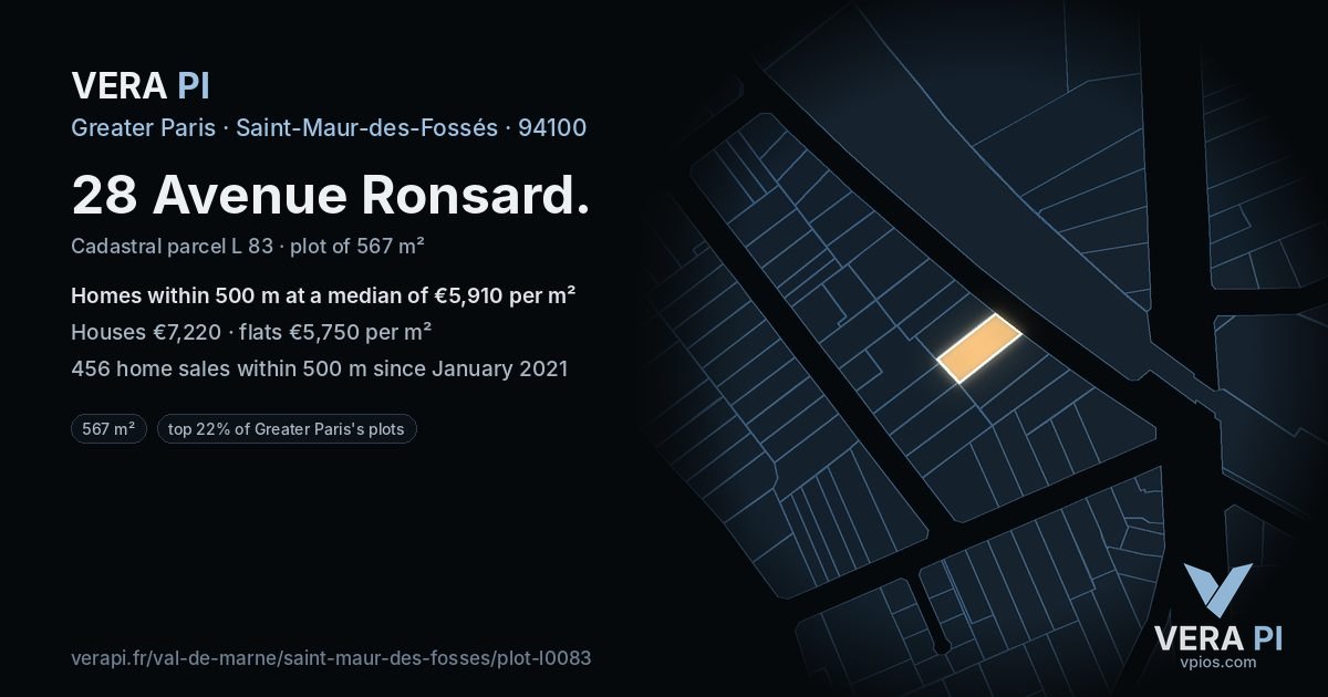 28 Avenue Ronsard, Saint-Maur-des-Fossés at night – the plot lit, the parcels around coloured by the prices near them